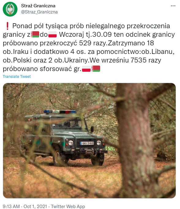 Твит польской погранслужбы Рекордное число нелегалов из Беларуси пыталось попасть в Польшу
