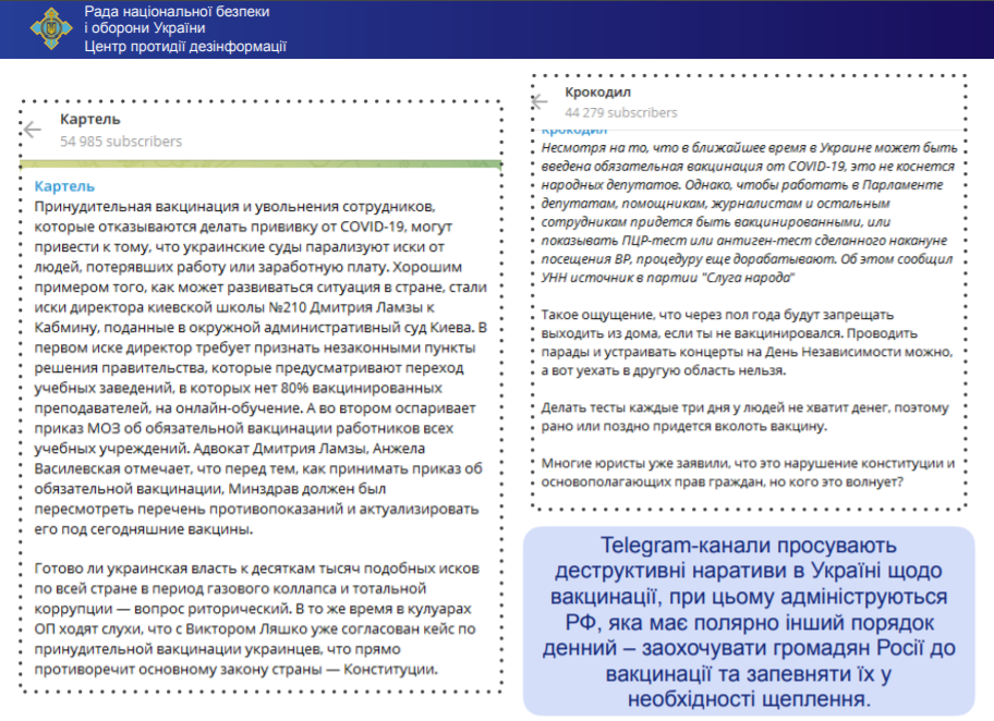 СНБО назвал Telegram-каналы, которые проводят антивакцинаторскую операцию против украинцев