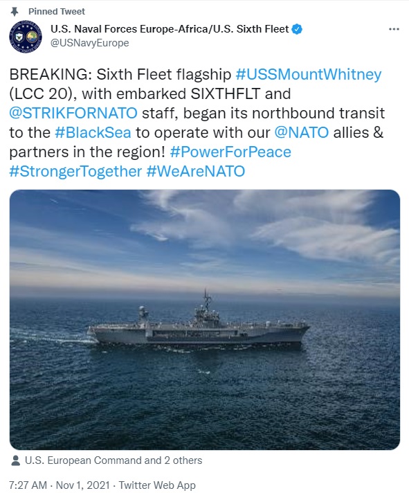 Твит Шестого флота США В Черное море направляется флагман Шестого флота США
