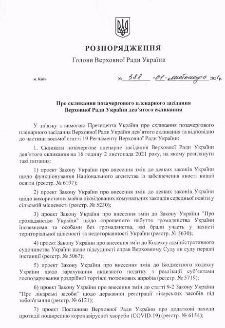 Рада збереться на позачергове засідання на вимогу Зеленського – розпорядження
