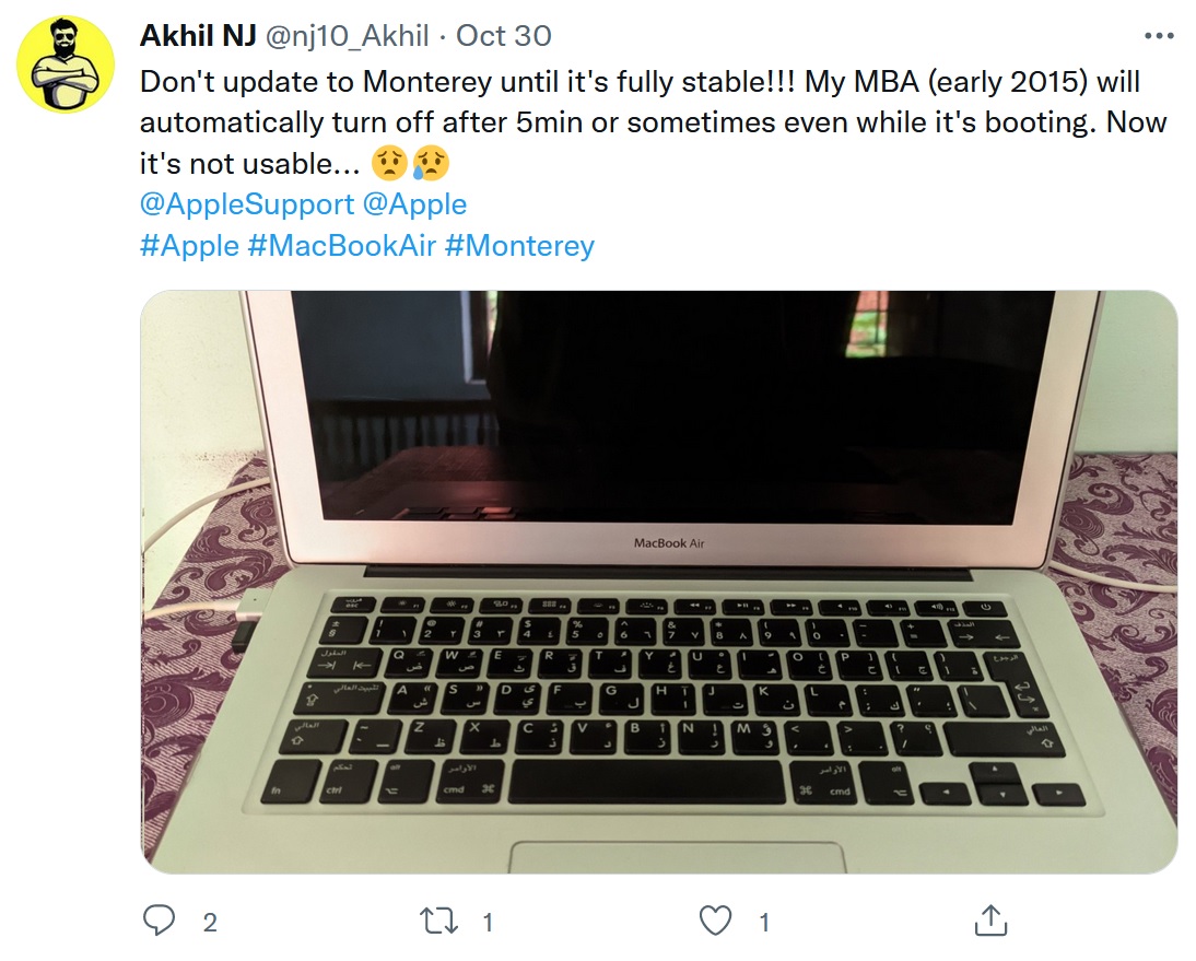 Сбой при обновлении macOS Monterey на MacBook Air Фото – @nj10_Akhil