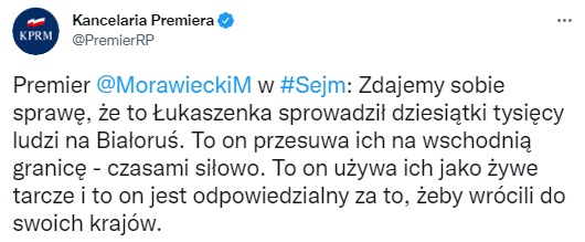 Скриншот из Twitter пресс-службы Моравецкого Премьер Польши: У Лукашенко руководитель в Москве, они пытаются вернуть Российскую империю