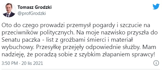Спікер сенату Польщі отримав посилку з погрозами та вибухівкою. ЗМІ пишуть: погрожували і Туску