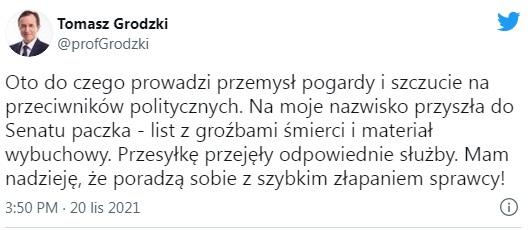 Спикер сената Польши получил посылку с угрозами и взрывчаткой. СМИ пишут: угрожали и Туску