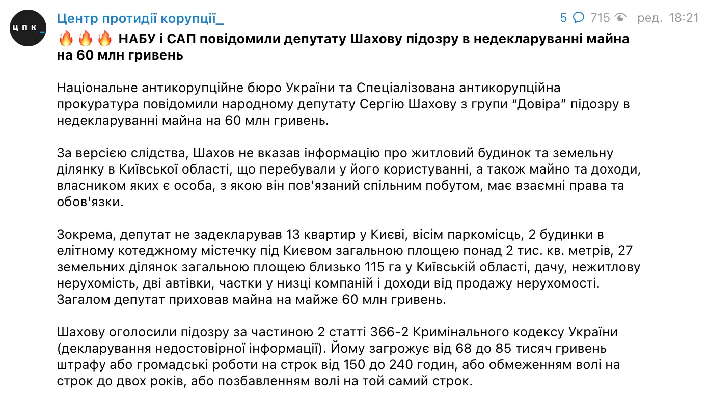 Действующему нардепу вручили подозрение в недекларировании почти 60 млн грн