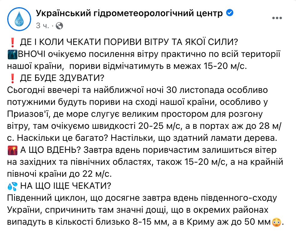 У Києві 30 листопада буде сильний вітер, оголошено перший рівень небезпеки: інфографіка
