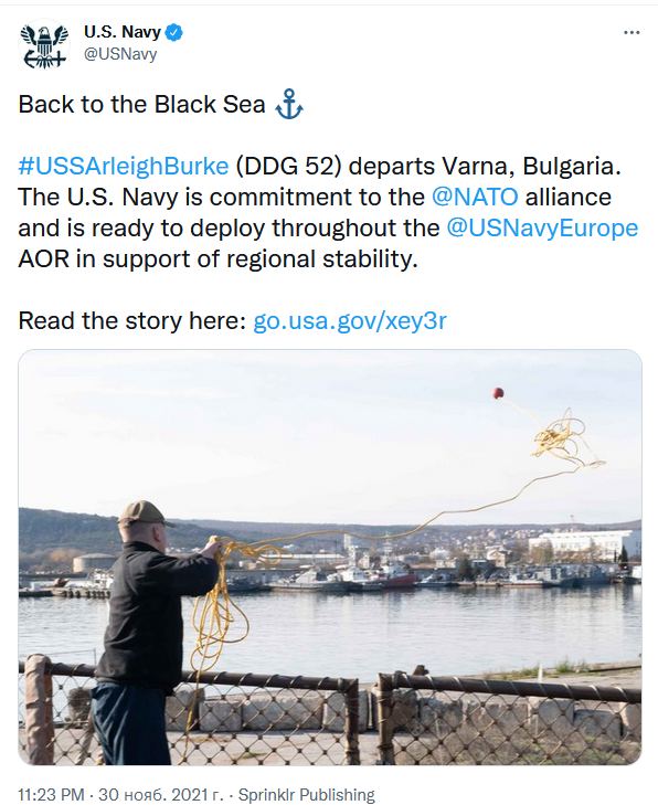 USS Arleigh Burke (скриншот из US Navy twitter) Эсминец США Arleigh Burke возобновил патрулирование в Черном море