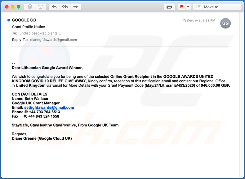 Фейковое письмо от Google. Скриншот pcrisk.com