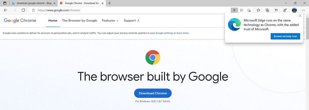 Браузер Edge не рекомендує довіряти іншим браузерам. Фото – Neowin
