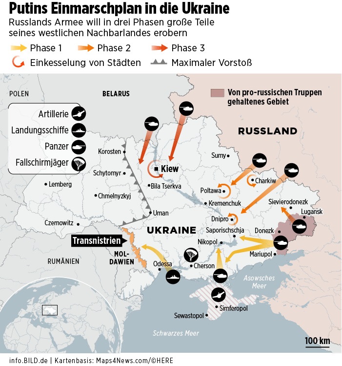 Bild: План-максимум Путіна – захопити дві третини України з Києвом. Карта та фази вторгнення