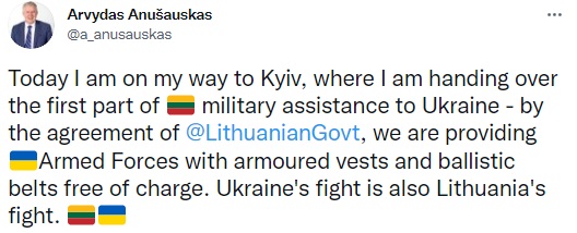 Литва передала Украине первую часть военной помощи: Желания Путина никогда не осуществятся