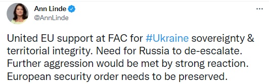 Скриншот из Twitter нн Линде Глава МИД Швеции обещает РФ "сильную реакцию" в случае дальнейшей агрессии против Украины
