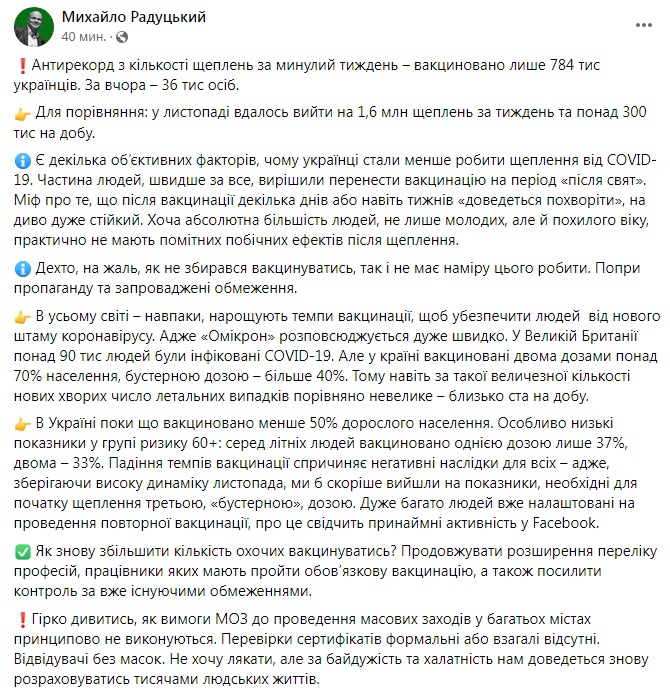 Скриншот із Facebook Радуцького Радуцький: В Україні антирекорд із вакцинації, люди її відкладають на "після свят"