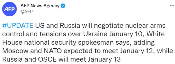 AFP News Agency, Twitter США и Россия проведут переговоры по Украине и ядерному оружию 10 января – AFP