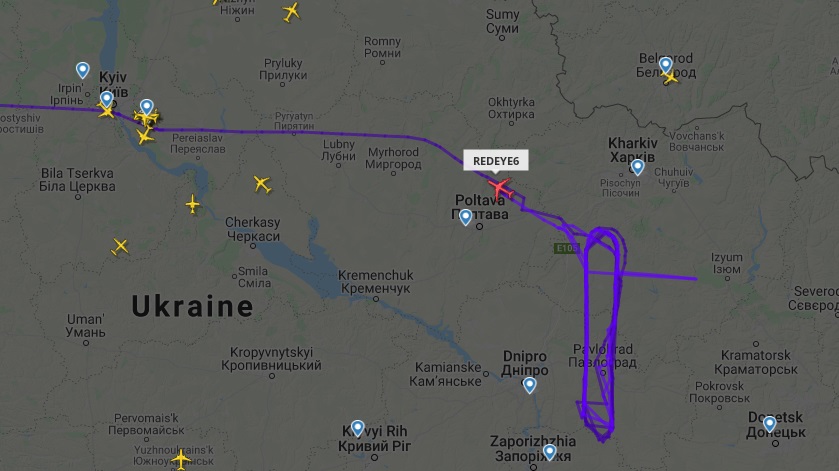 Карта перемещений самолета-разведчика США (Скриншот с сайта Flightradar24) В небе над Украиной одновременно работали самолеты-разведчики Британии и США