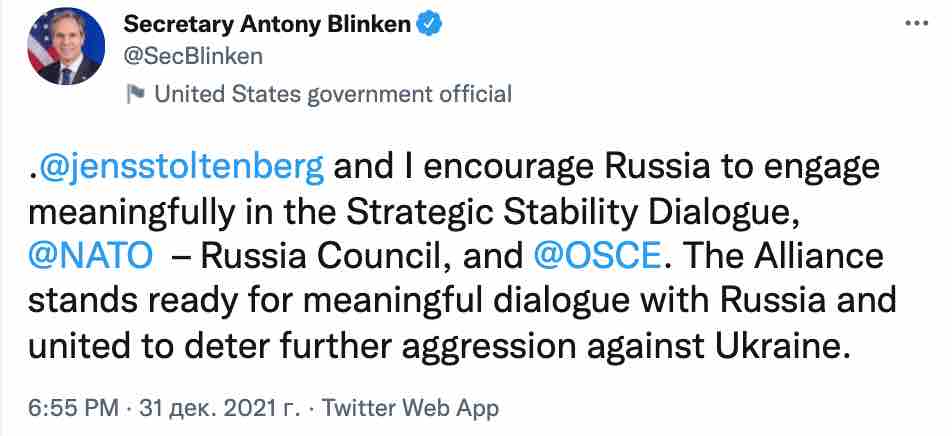 Блінкен поговорив зі Столтенбергом: НАТО готове до стримування агресії РФ проти України