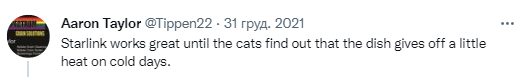 Скриншот из Twitter Айрона Тейлора В Канаде коты "сломали" интернет Starlink: захватили спутниковую тарелку – фото