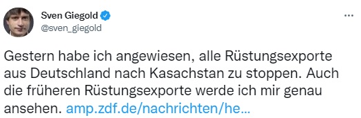 Скриншот із Twitter Свена Гігольда Німеччина зупиняє експорт зброї до Казахстану