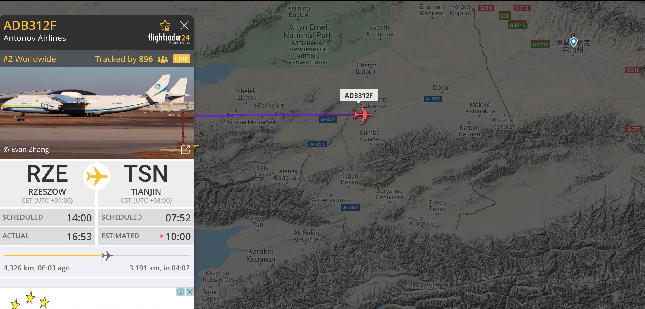 Скріншот із сайту Flightradar Інженери "Антонова" полагодили "Мрію" в Польщі. Вона вже летить над Китаєм