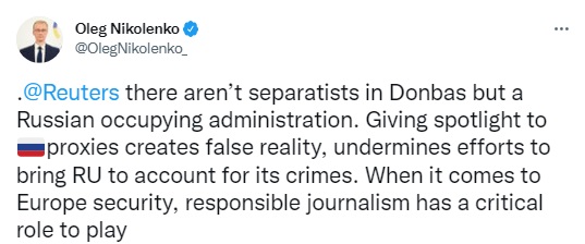 Скриншот із Twitter Ніколенка Російські окупанти, а не сепаратисти. МЗС закликало Reuters писати правильно про Донбас