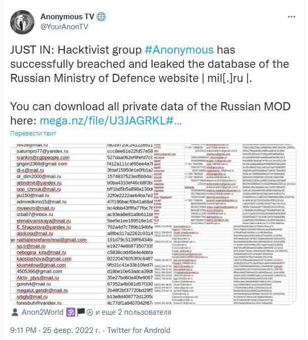 Anonymous взломали сайт Минобороны РФ и слили базу данных сотрудников