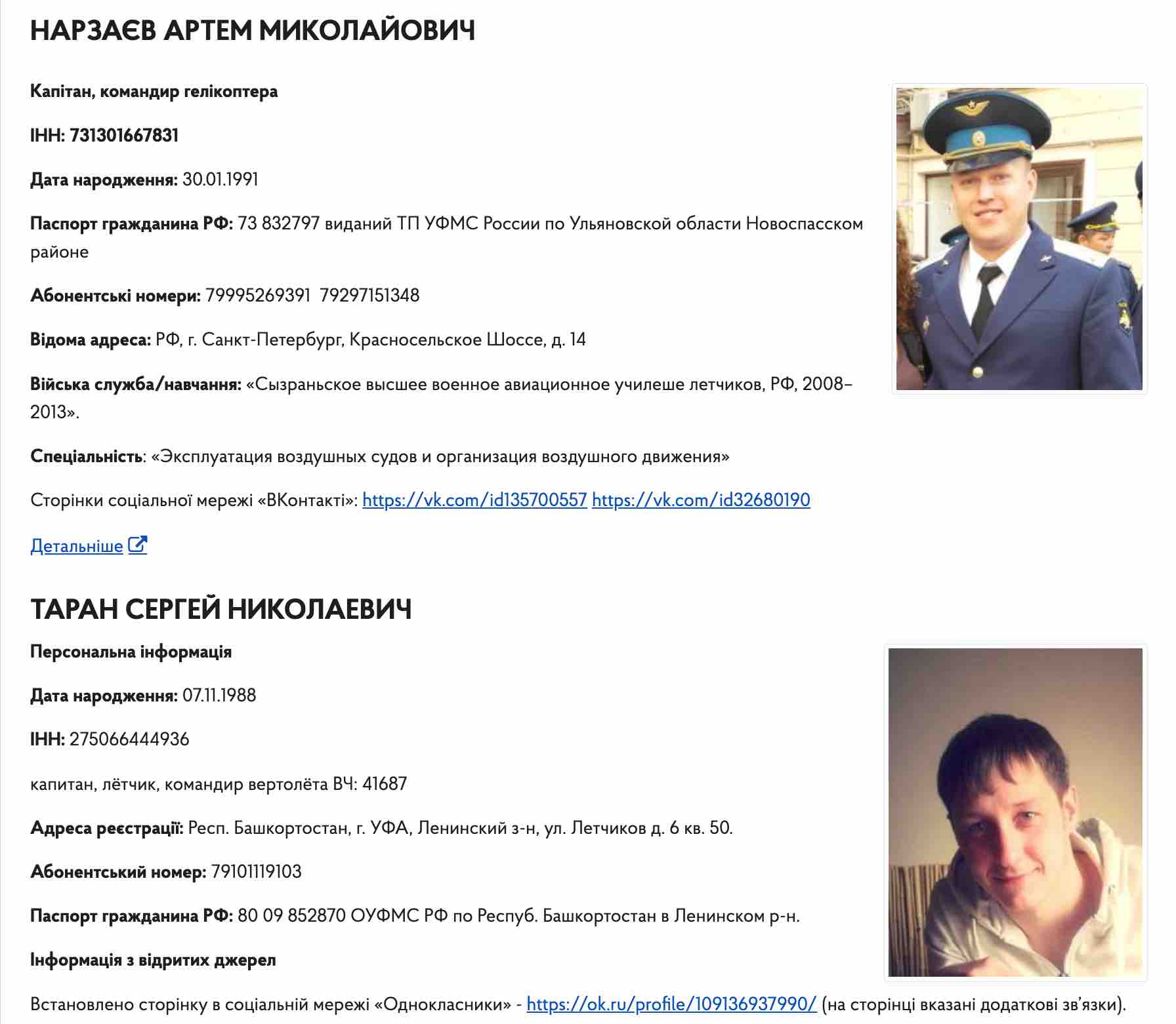 Скриншоты с сайта ГУР Военная разведка опубликовала список оккупантов, которые бомбят Украину с самолетов