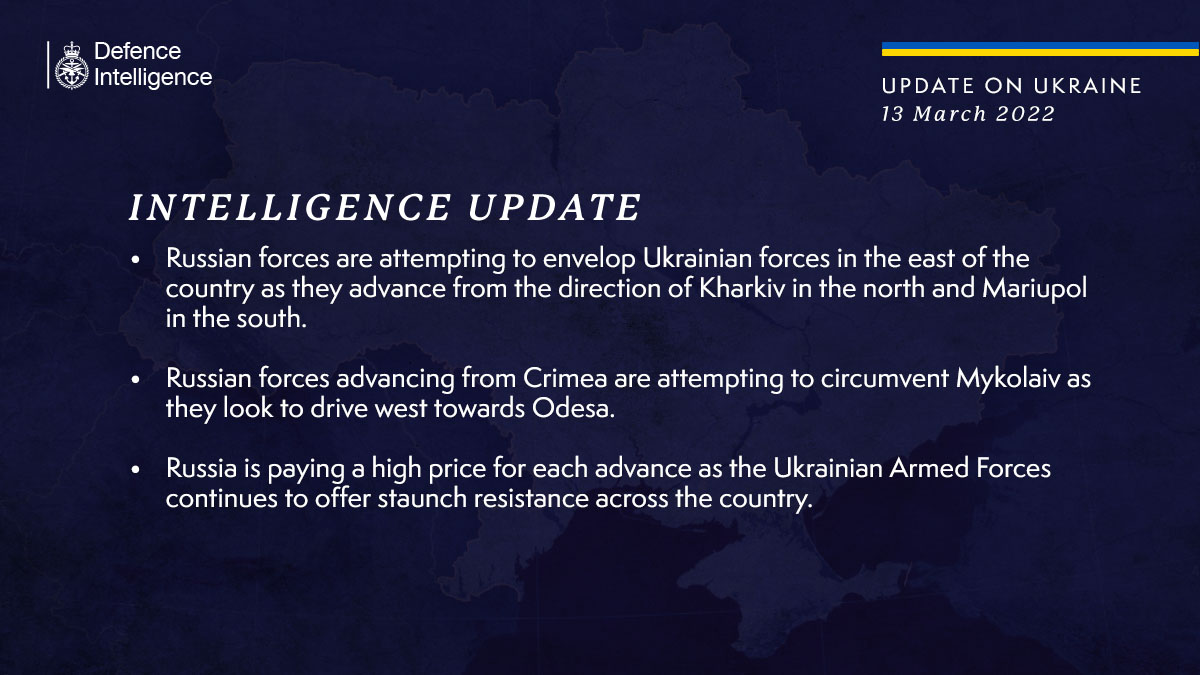 Latest Defence Intelligence update on the situation in Ukraine – 13 March 2022