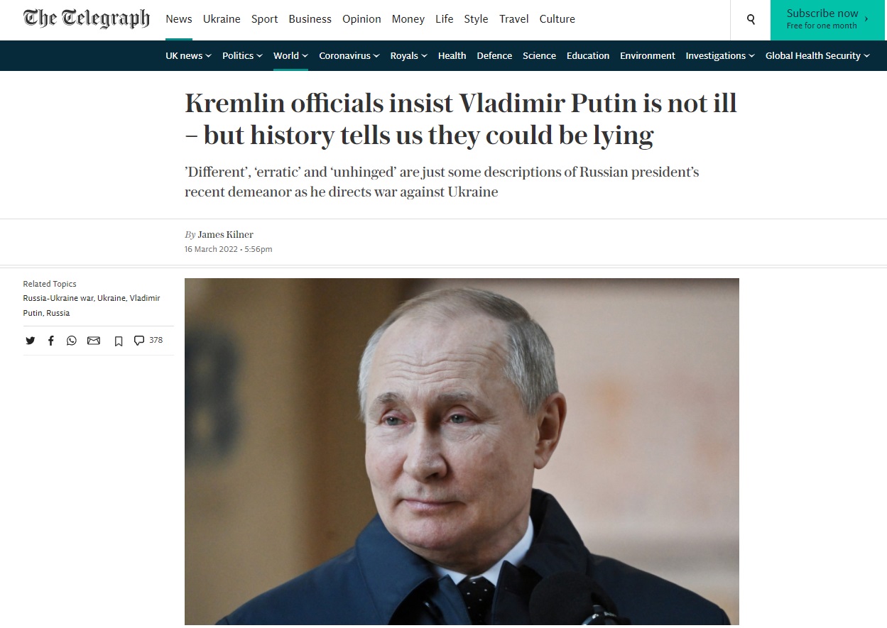 Що з психікою Путіна і коли закінчиться війна. Огляд західних медіа (17 березня)