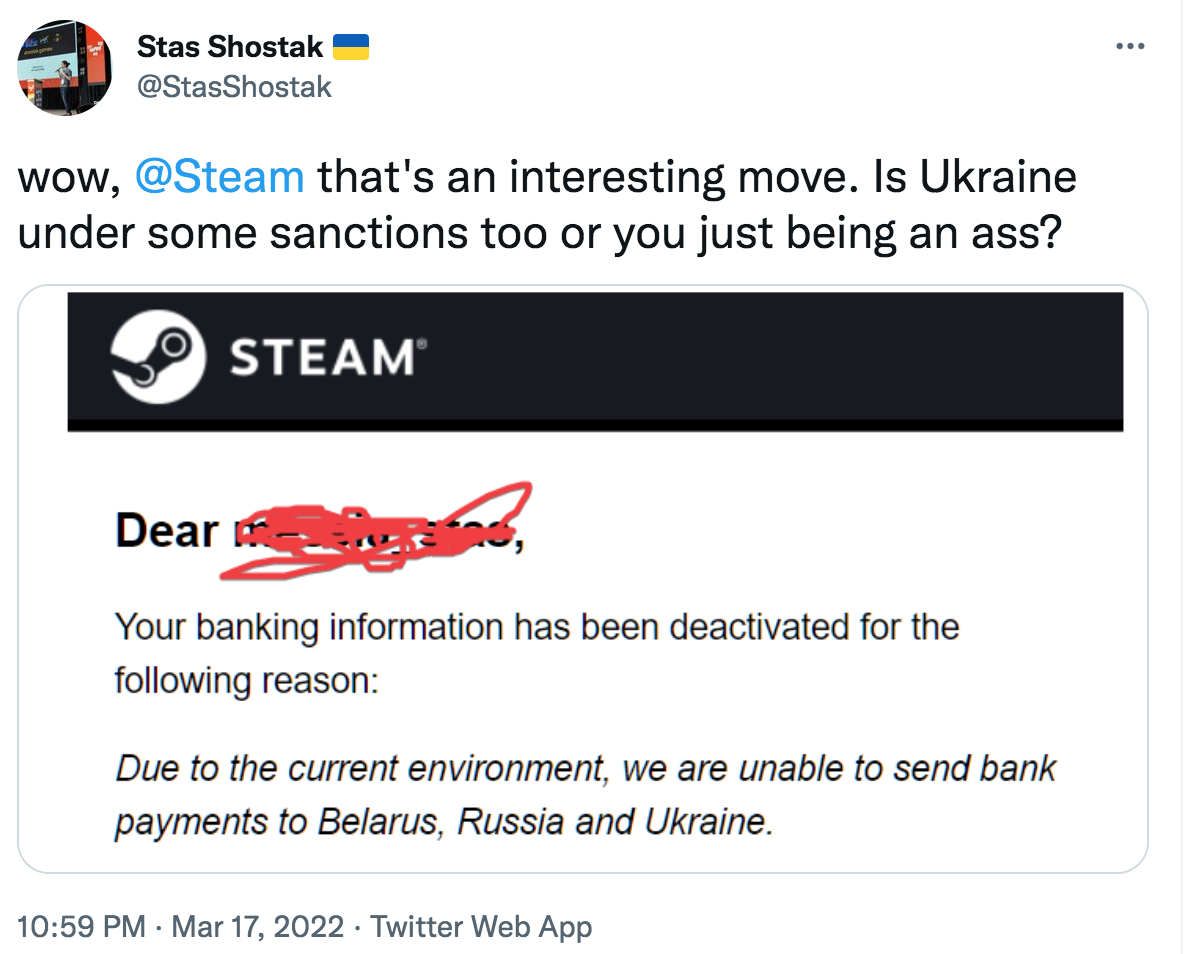 Steam почала блокувати виплати розробникам ігор з України