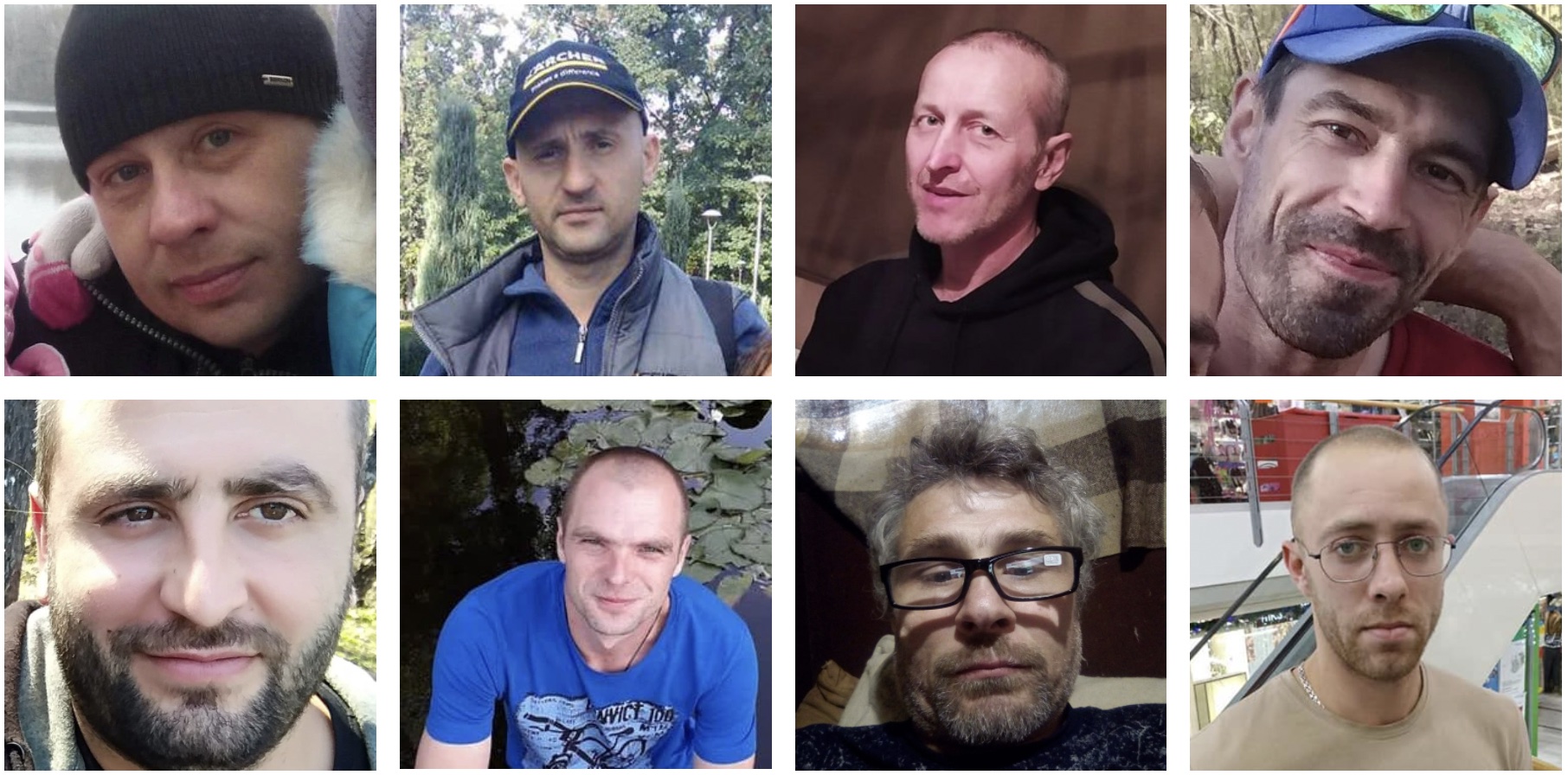 На фото восемь казненных украинцев. Верхний ряд слева направо: Анатолий Приходько, Андрей Матвийчук, Андрей Вербовый и Денис Руденко. Нижний ряд слева направо: Андрей Дворников, Святослав Туровский, Валерий Котенко и Виталий Карпенко. NYT опубликовало свидетельства убийства российскими оккупантами восьми жителей Бучи: видео