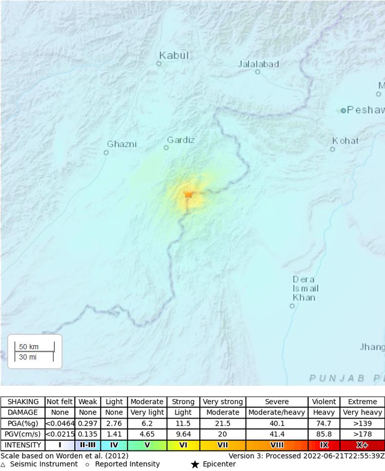 Карта землетрясения в Афганистане (источник – usgs.gov)
