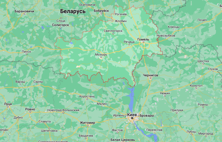 Гомельская область и граница с Украиной (Карта: googlemaps) 
