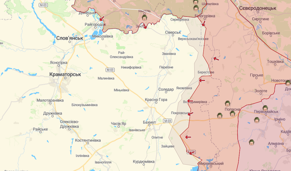 Бахмут и Соледар на линии фронта (Карта: deepstatemap.live) 