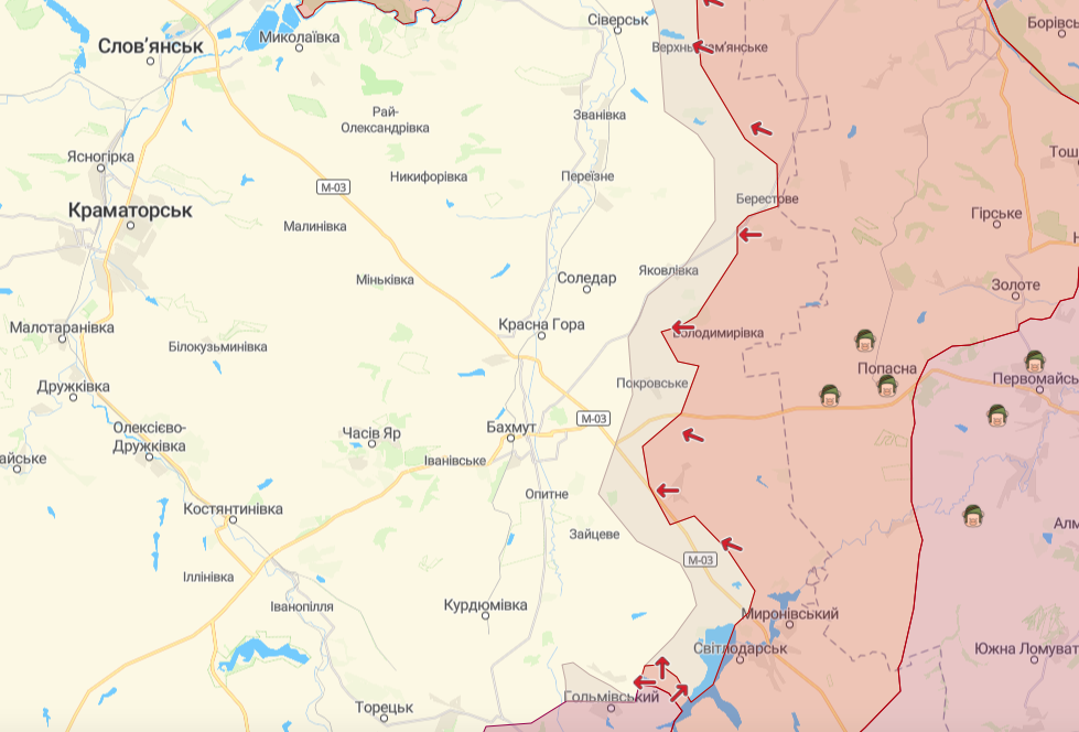 Фронт в районе Бахмута и Северска (Карта: deepstatemap.live)