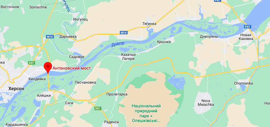 Антоновский мост и переправа в Новой Каховке (Карта: googlemaps.com)