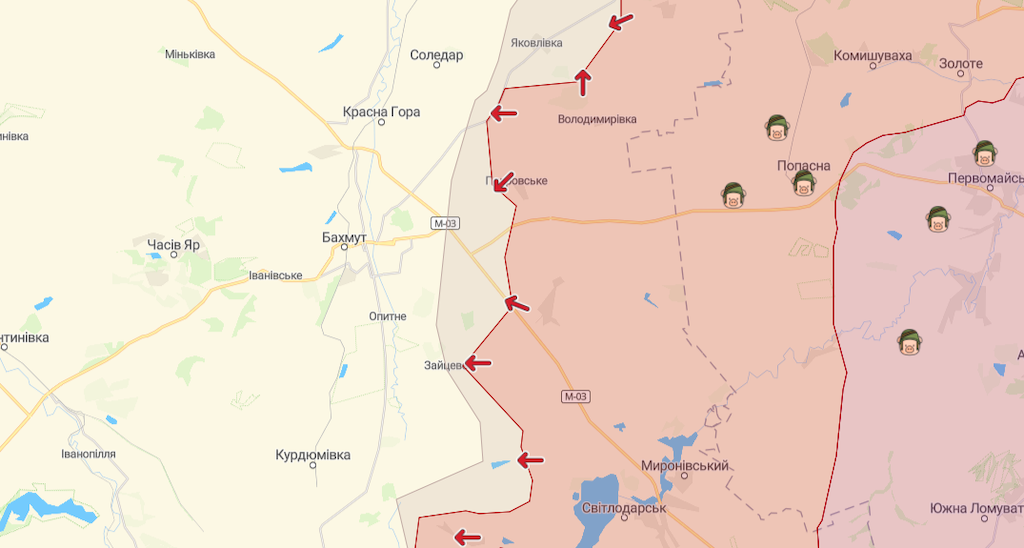 Фронт в районе Бахмута (Карта: deepstatemap.live)