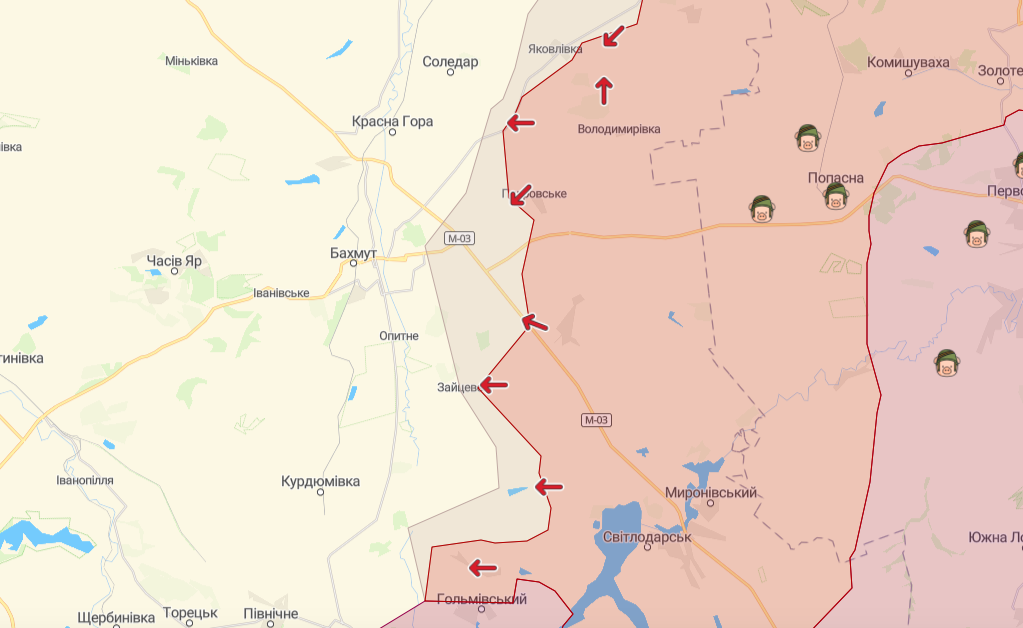 Фронт в районе Бахмута и Соледара (Карта: deepstatemap.live)