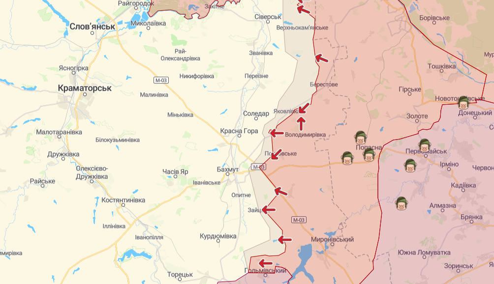 Фронт в районе Бахмута и Соледара (Карта: deepstatemap.live)