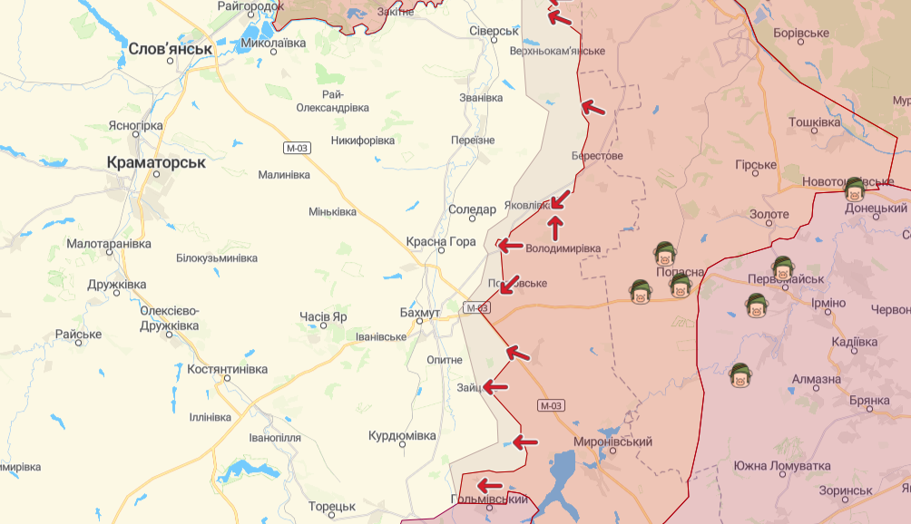 Фронт в районе Северска и Бахмута (Карта: deepstatemap.live)