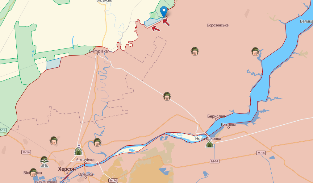 Фронт на юге, Белогорка отмечена синей точкой (Карта: deepstatemap.live)
