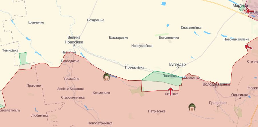 Фронт в районе Угледара (Карта: deepstatemap.live)