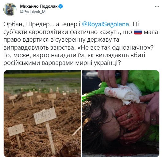 Скриншот із Twitter Подоляка Ексміністерка екології Франції заявила про "воєнну пропаганду" України. Подоляк відповів
