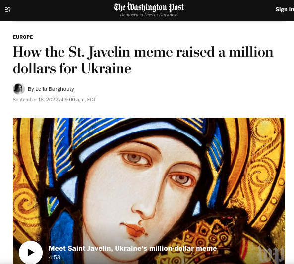 Мем "Святая Джавелина" заработал $1 млн, Зеленский давит на Байдена. Обзор западных медиа