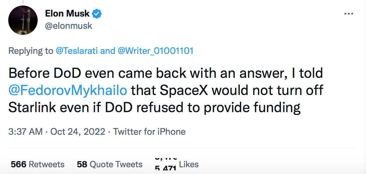Ілон Маск пообіцяв забезпечити Starlink для України у будь-якому разі – Федоров