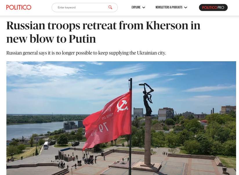Politico (скриншот) Принизливо для Росії, але Путін – не самогубець. Що пишуть іноЗМІ про "втечу" з Херсона