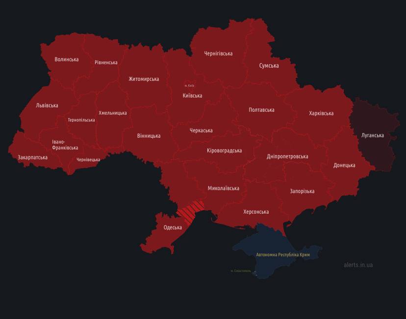 Мапа оголошеної тривоги Тривога по всій Україні була з наземного озброєння росіян – Повітряні сили