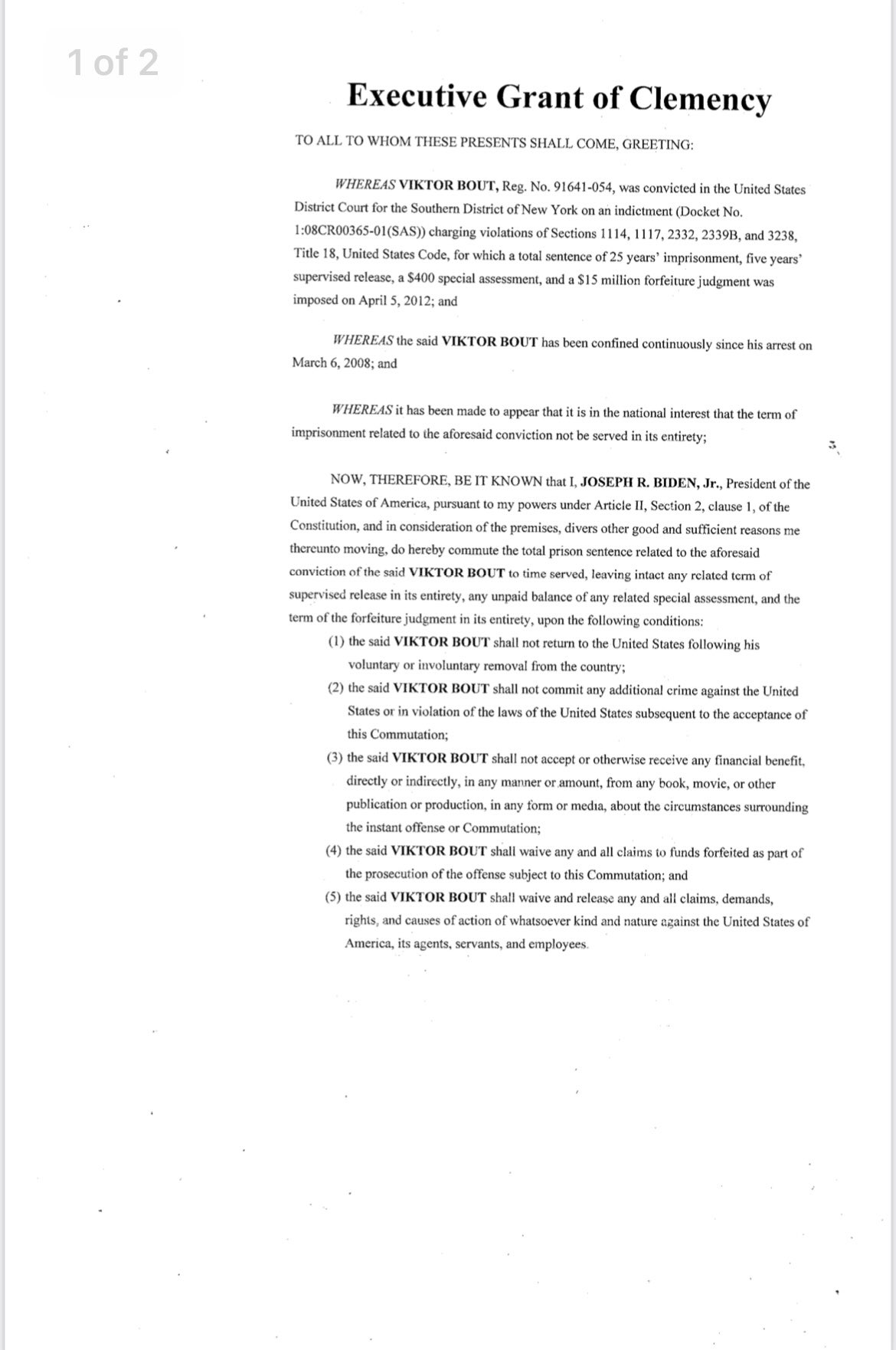 Документ о помиловании Виктора Бута