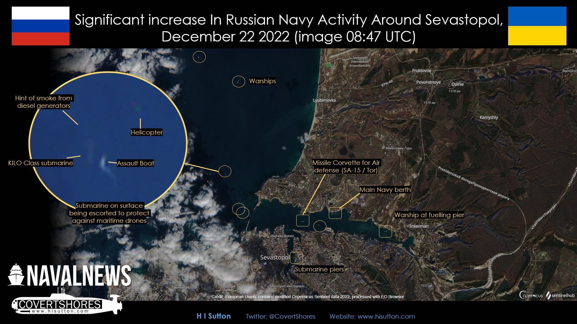 Росія вивела підводний човен з "Калібрами" під охороною Мі-8 і катера, боїться дронів – Naval News