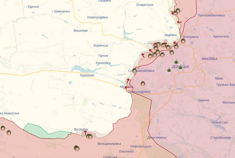 Фронт у районі Авдіївки, Мар'їнки та Вугледара (Карта: deepstatemap.live)