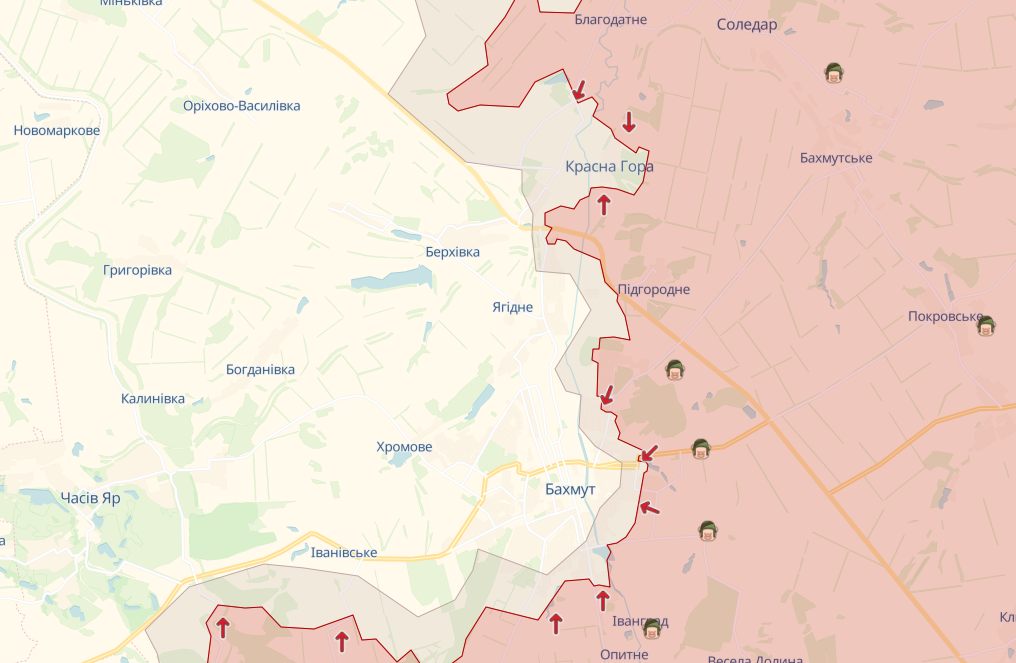 Фронт у районі Бахмута (Карта: deepstatemap.live) Фронт у районі Бахмута (Карта: deepstatemap.live)